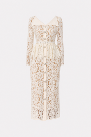 Floral Lace Midi Dress with Belted Lapel Collar