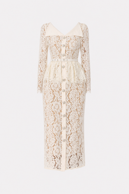 Floral Lace Midi Dress with Belted Lapel Collar