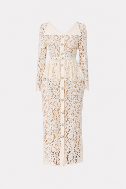 Floral Lace Midi Dress with Belted Lapel Collar