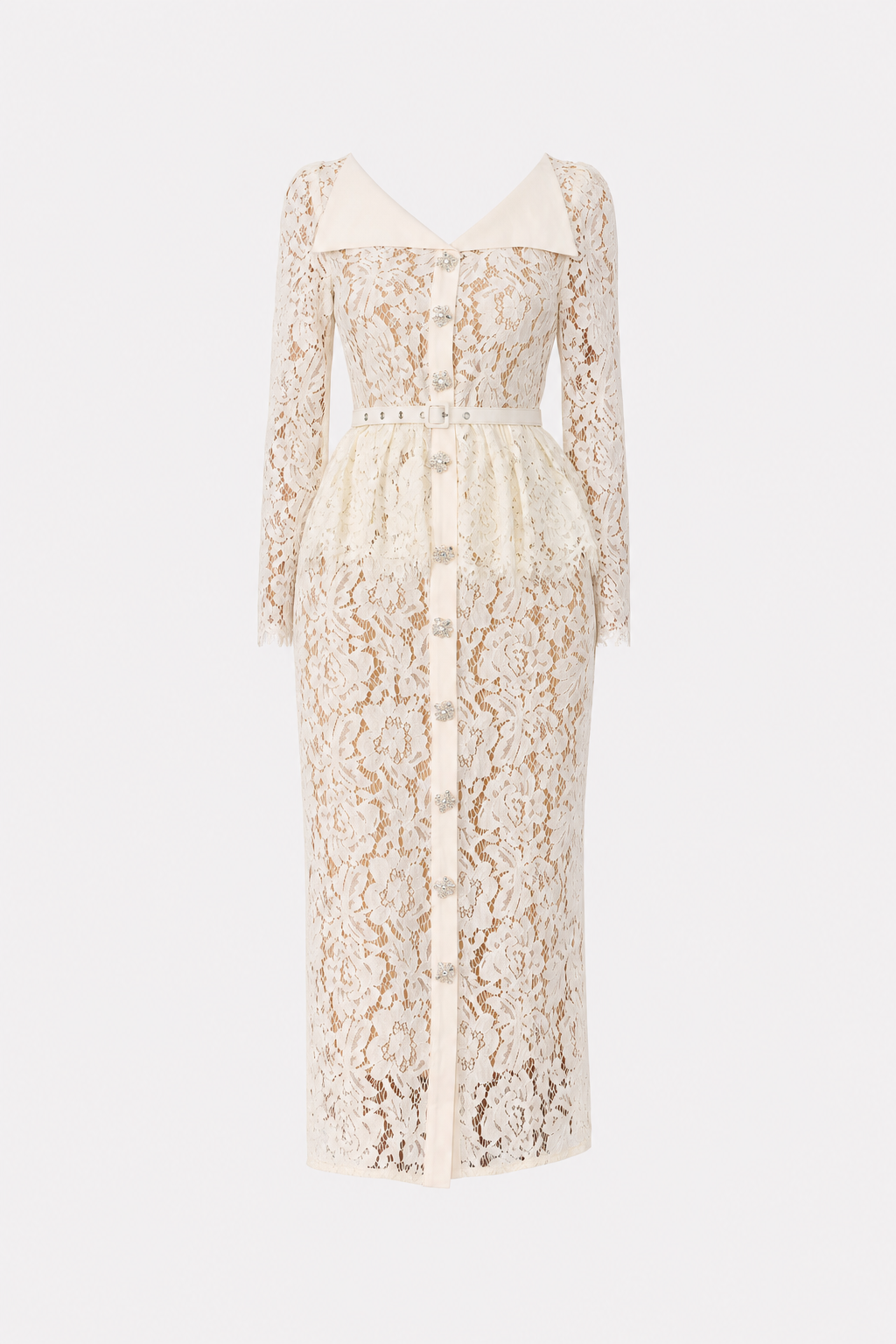 Lace Midi Dress With Belted Lapel Collar - 1