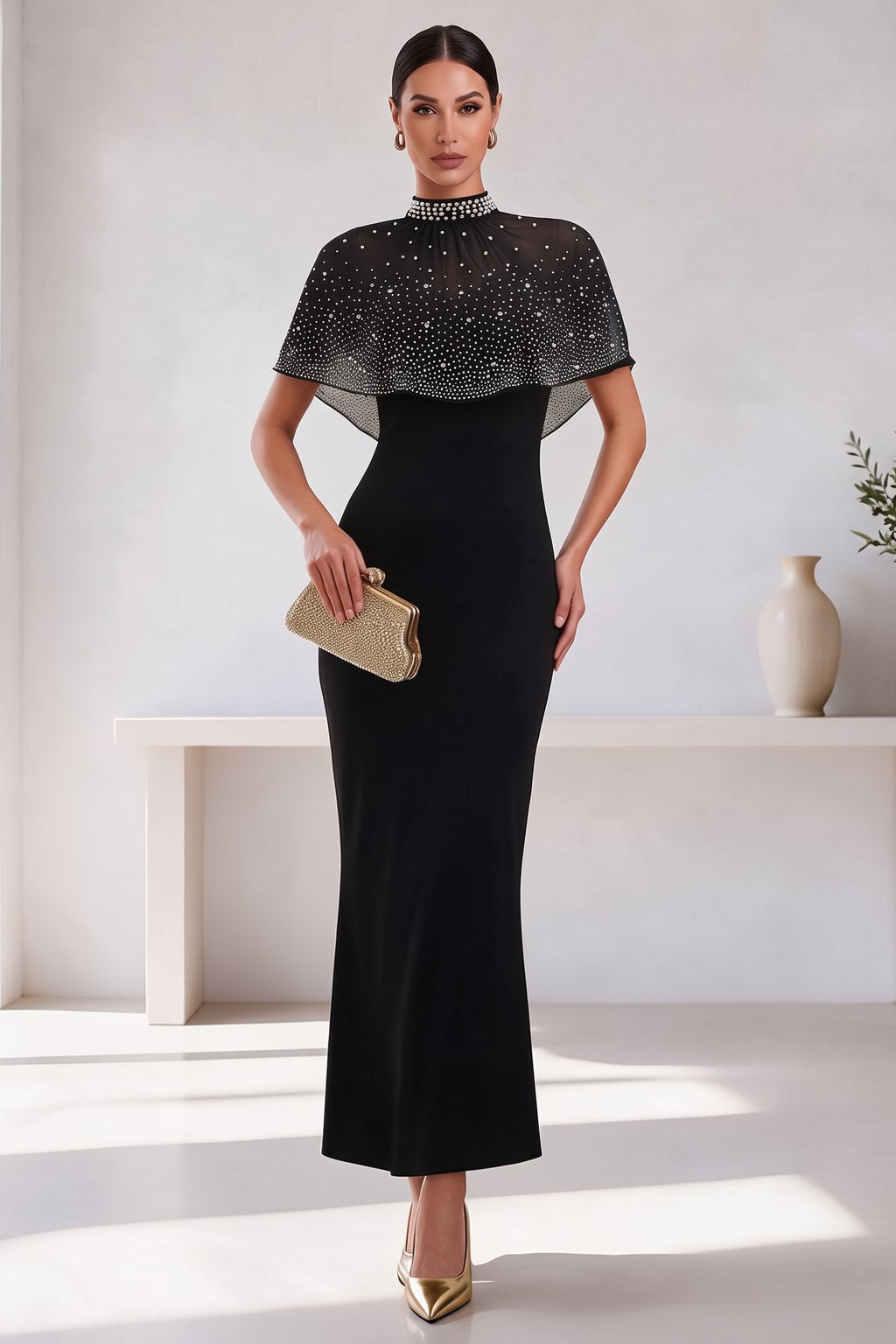 Polyester High-Neck Cape Sleeve Maxi Dress - 2