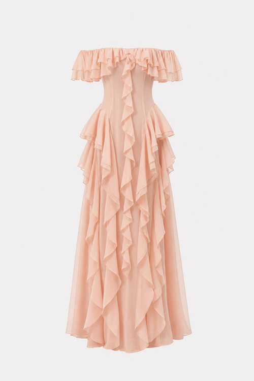 Pink Off-Shoulder Ruffle Maxi Dress