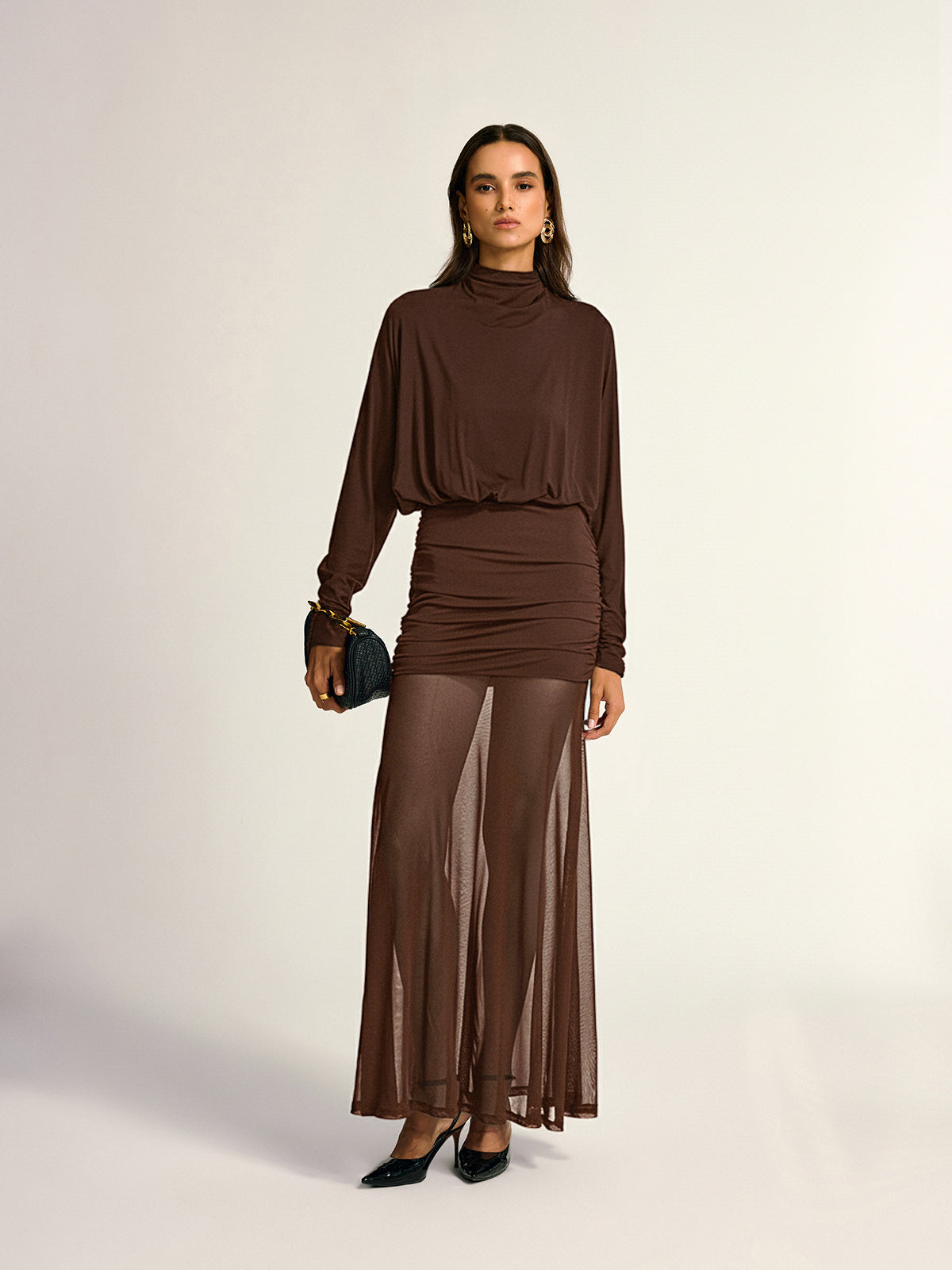 Modal Blend Ruched Mesh Maxi Dress - 8