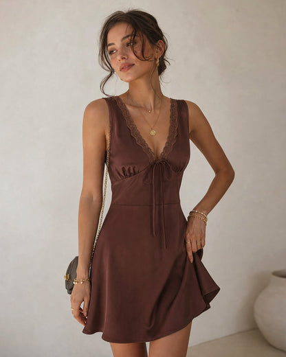 Brown Satin V-Neck Mini Dress with Tie Waist - view 4