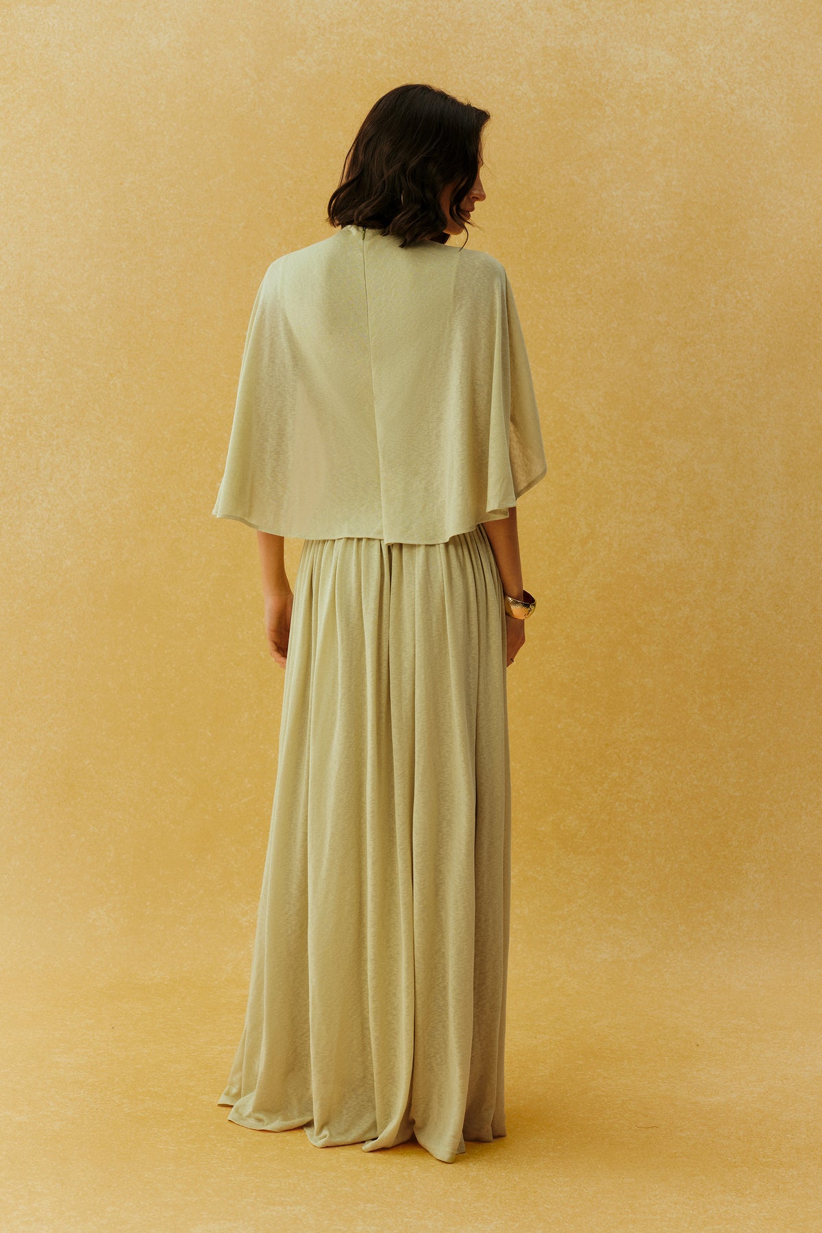 Green Cape Sleeve Knit Maxi Dress, Buckle Waist - view 4