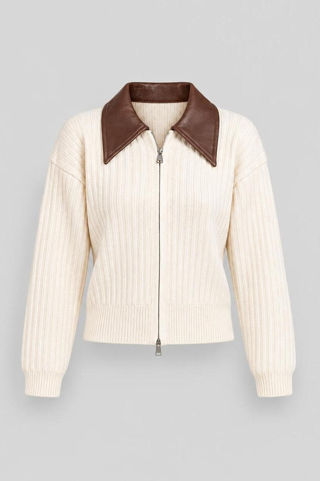 Ribbed Knit Zip-Front Cropped Sweater - 1