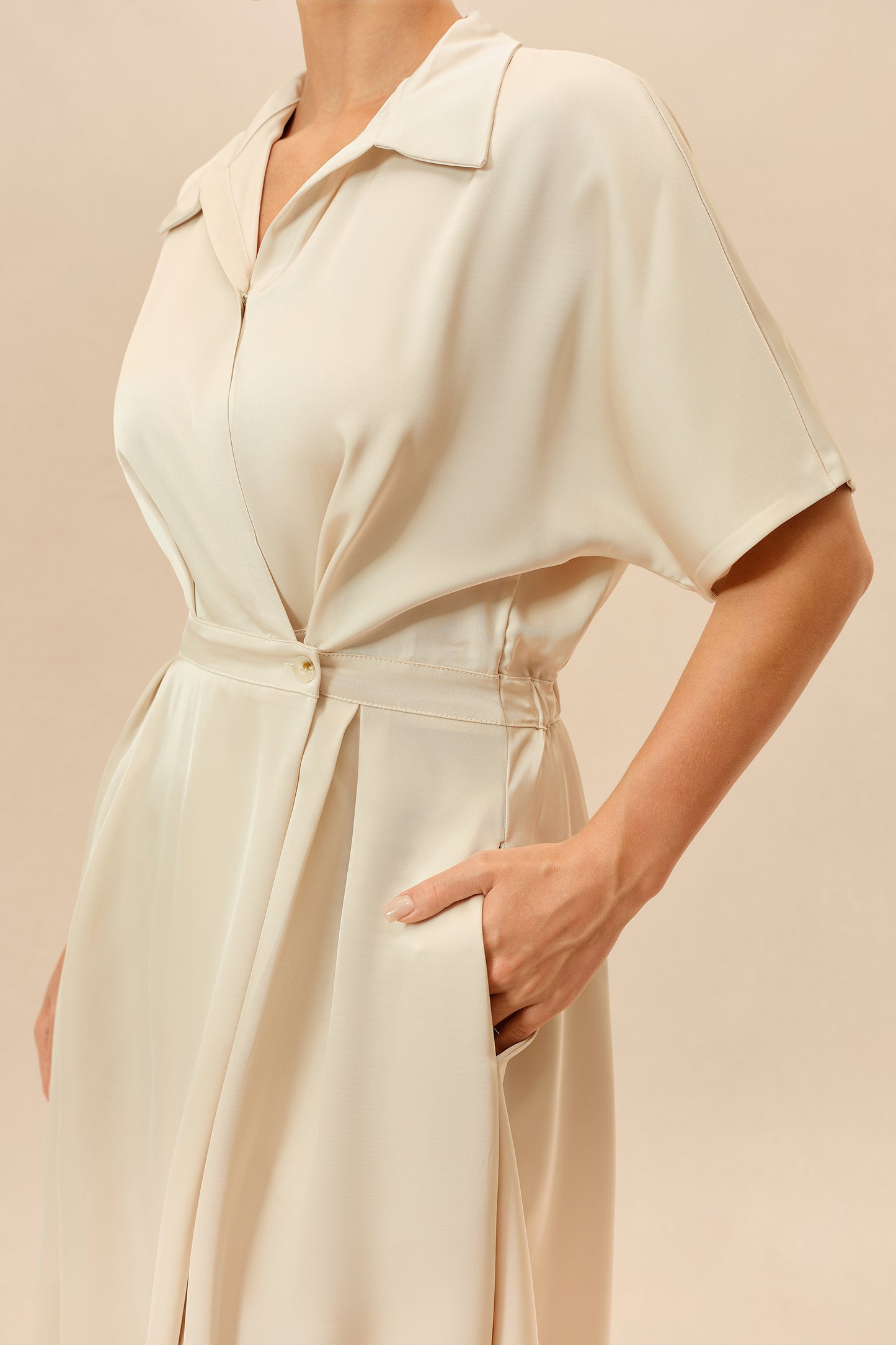 Beige shirt collar maxi dress with twist front - view 5
