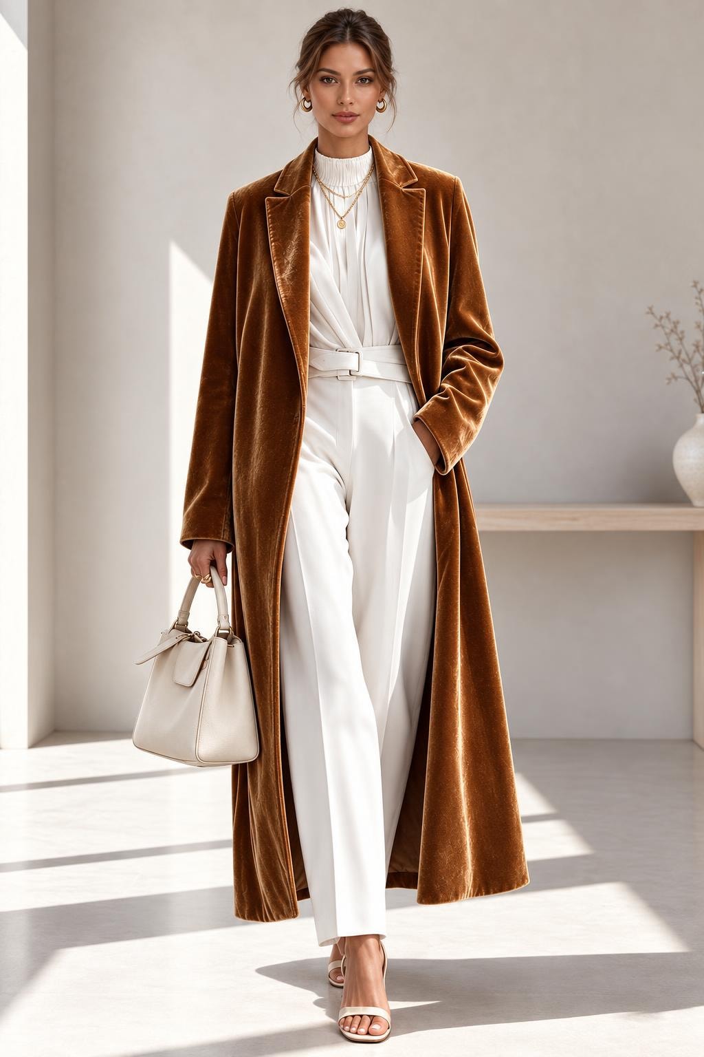 Polyester Long Overcoat With Lapel Collar - 2