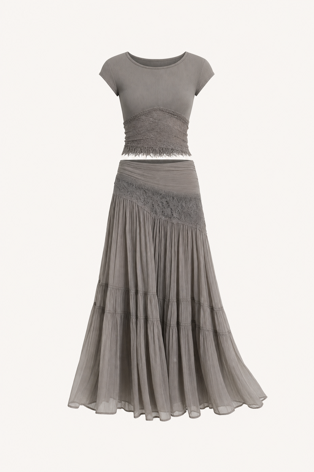 Lace Panel Top and Pleated Maxi Skirt Set
