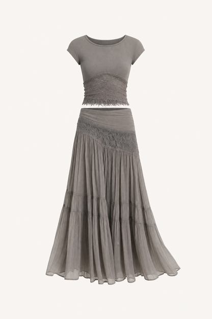 Lace Panel Top and Pleated Maxi Skirt Set