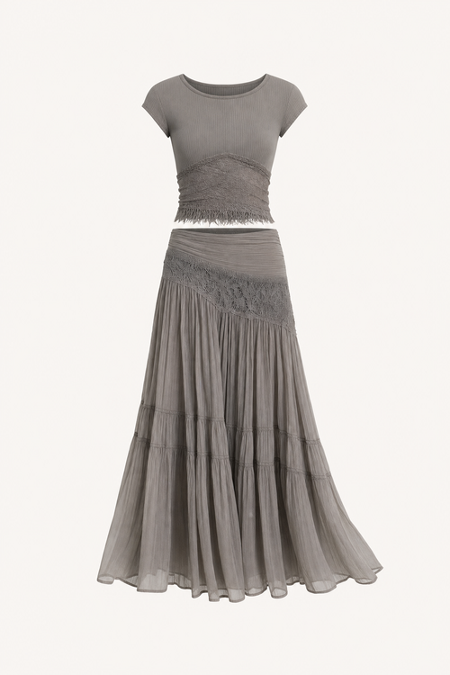 Lace Panel Top and Pleated Maxi Skirt Set