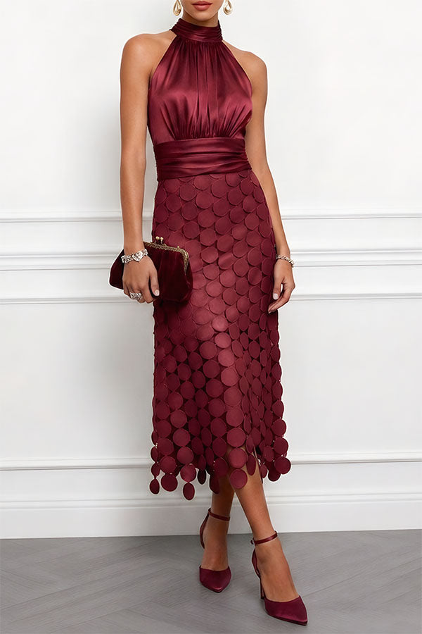 Satin ruched halter maxi dress with embroidered hem - view 6