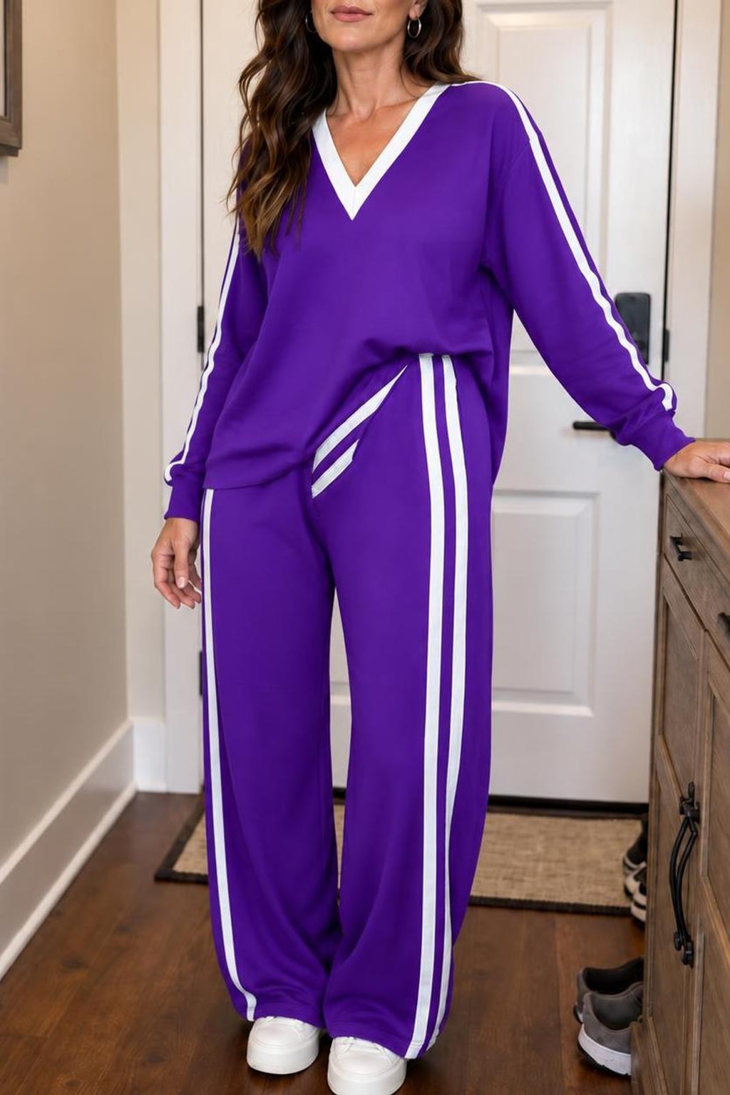 Polyester Knit Wrap Top Wide-Leg Pants Set - 8