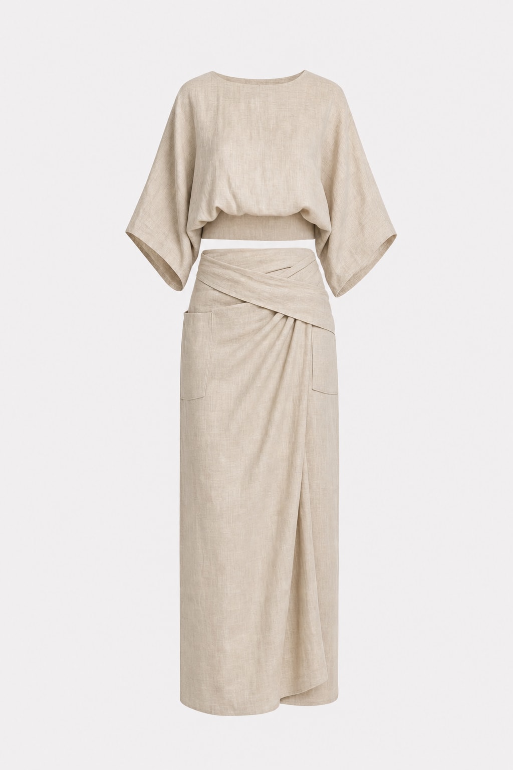 Linen-Blend Batwing Sleeve Top and Maxi Skirt Set - 1