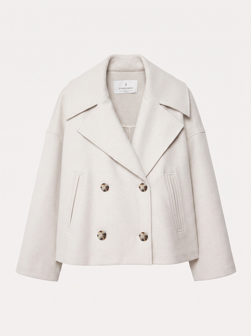 Cropped wool blend peacoat with notch lapel
