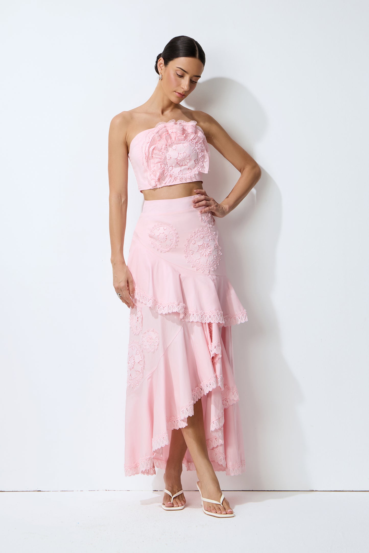 Pink Lace Crop Top and Tiered Maxi Skirt Set - view 5