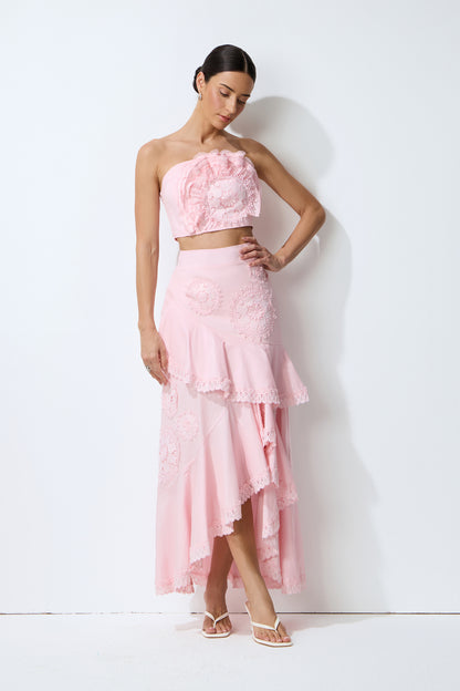 Pink Lace Crop Top and Tiered Maxi Skirt Set - view 5