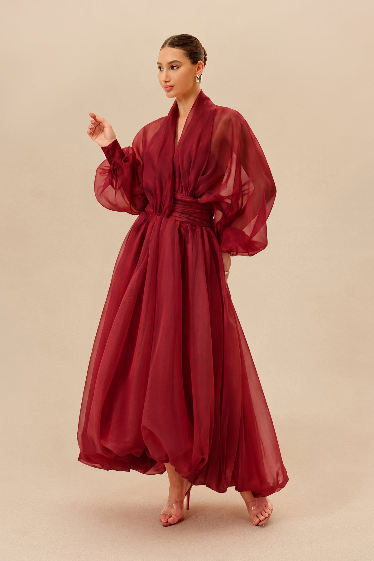 Organza Puff Sleeve Maxi Dress in Red - view 5