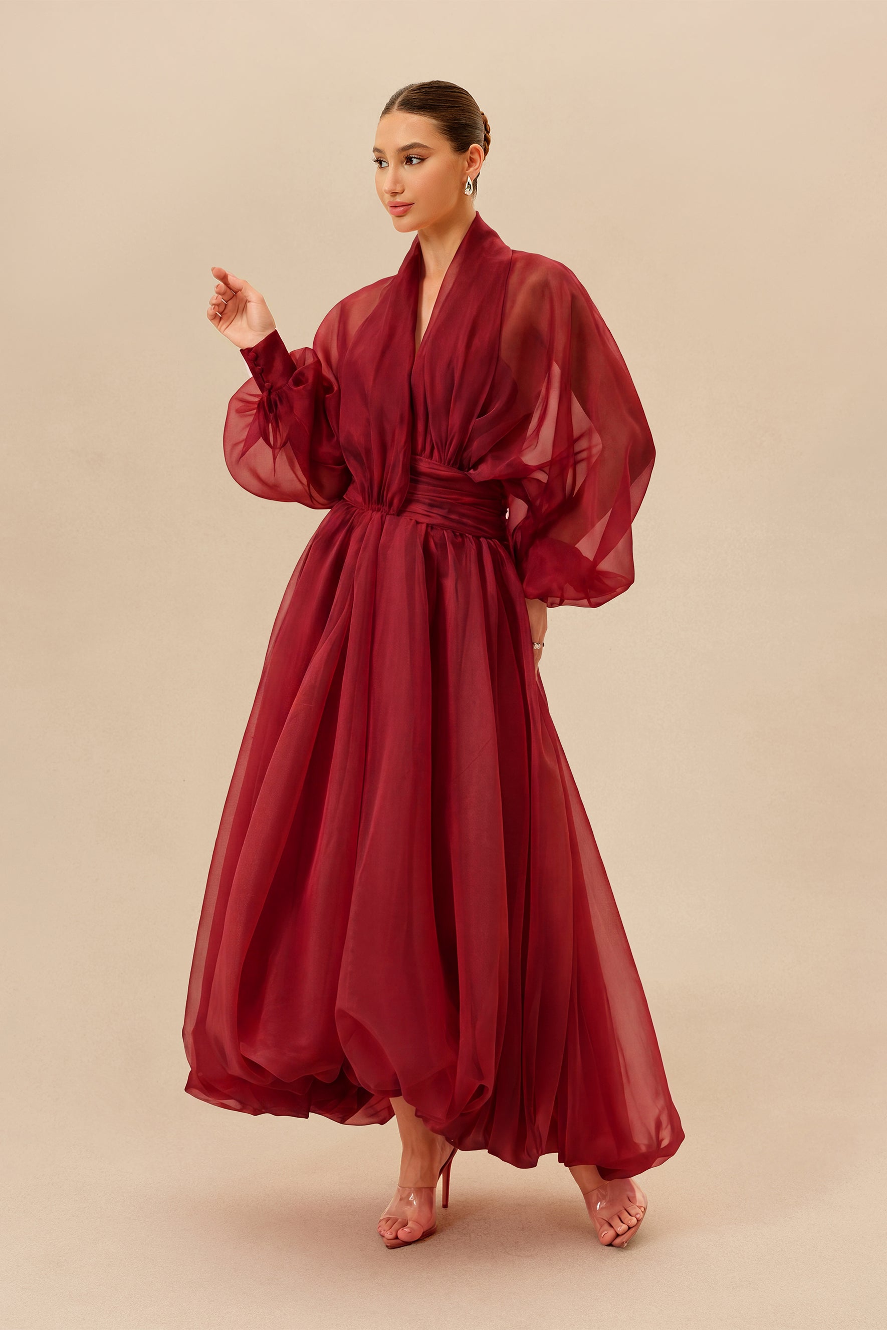 Organza Puff Sleeve Maxi Dress in Red - view 5