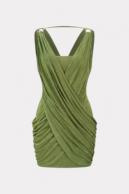 Ruched jersey mini dress with crossover V-neck