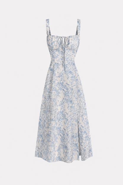 Blue Floral Slip Midi Dress with Side Slit