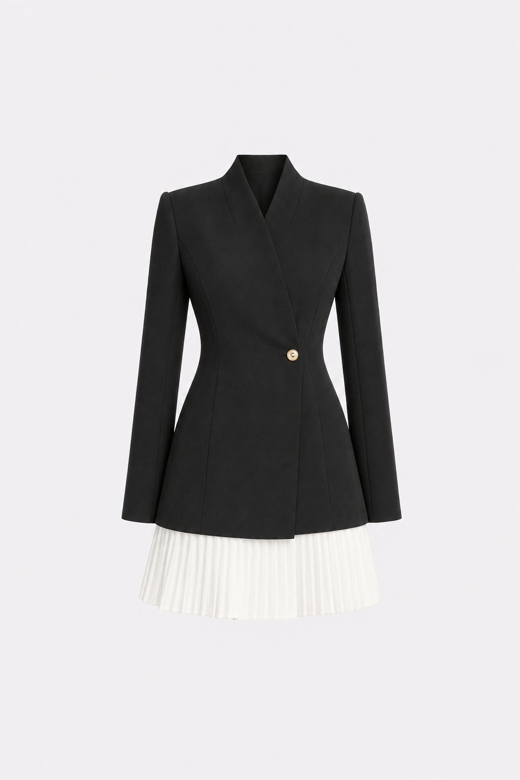 Black woven blazer dress with pleated hem