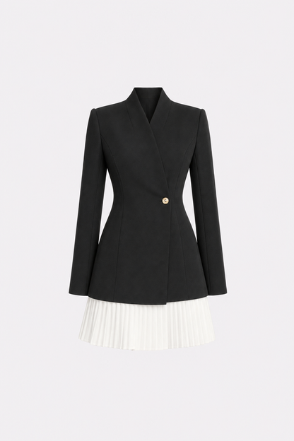 Black woven blazer dress with pleated hem