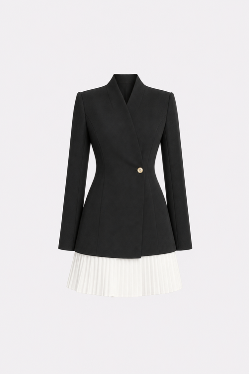 Black woven blazer dress with pleated hem