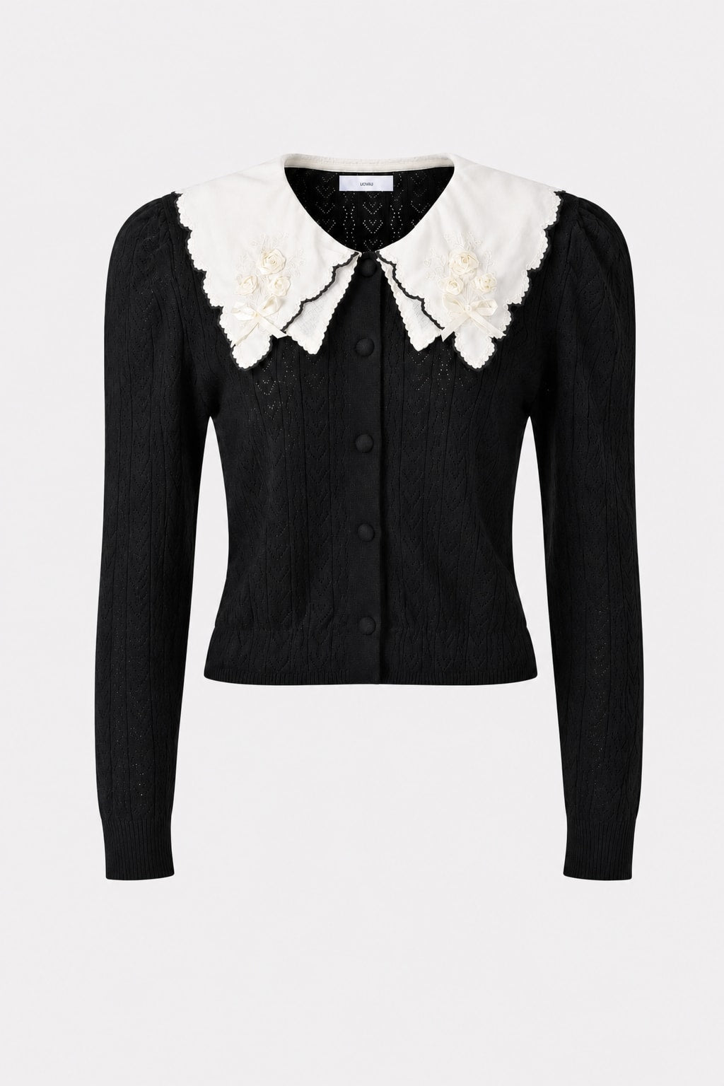 Cotton Viscose Knit Cardigan With Floral Embroidered Collar - 1