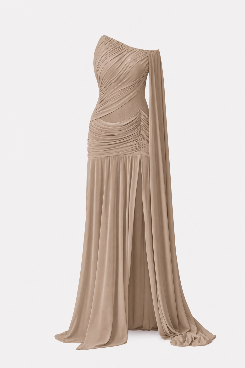 Draped Cape Sleeve Mesh Maxi Dress in Khaki