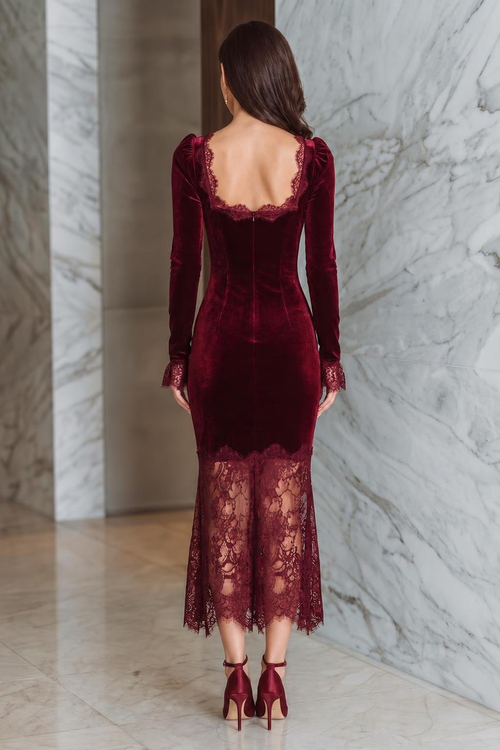 Velvet Midi Dress With Lace Trim - 3