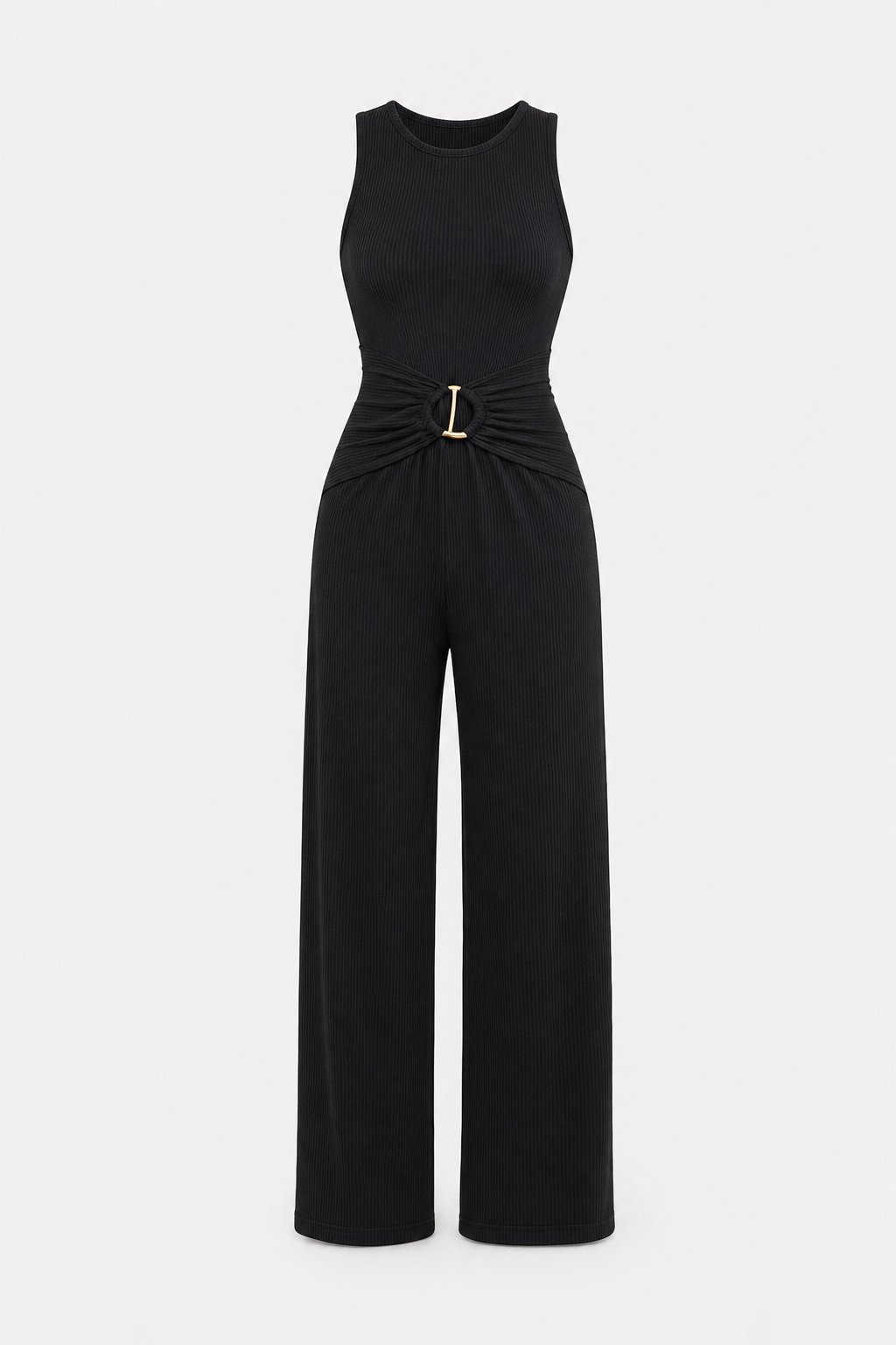 Black ribbed wide-leg jumpsuit with gold ring waist