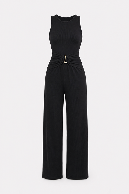 Black ribbed wide-leg jumpsuit with gold ring waist
