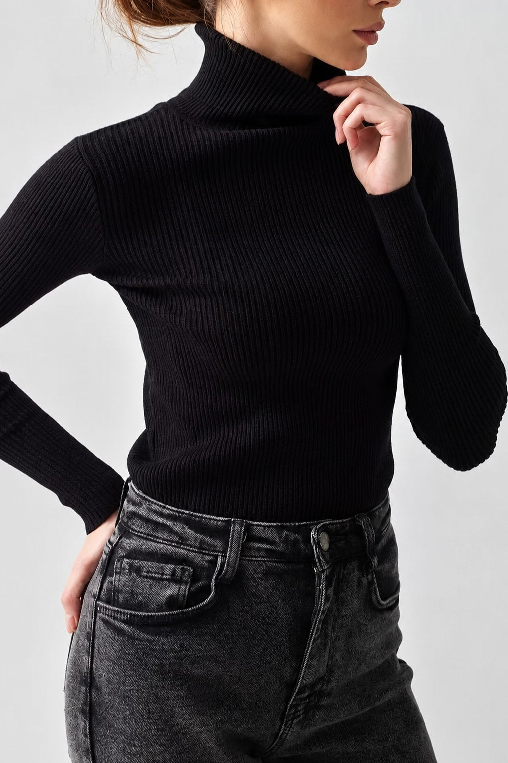 Knit Sweater Turtleneck Ribbed Black - 2