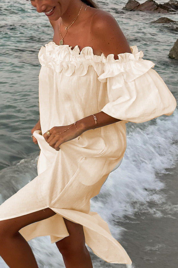 Off-Shoulder Linen Blend Midi Dress - view 10