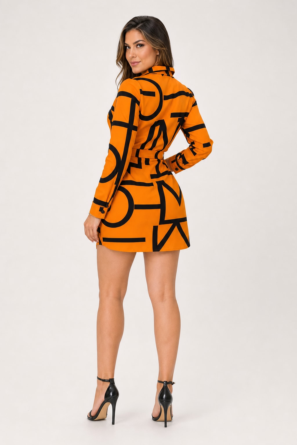 Geometric Print Shirt Dress With Belted Waist - 4