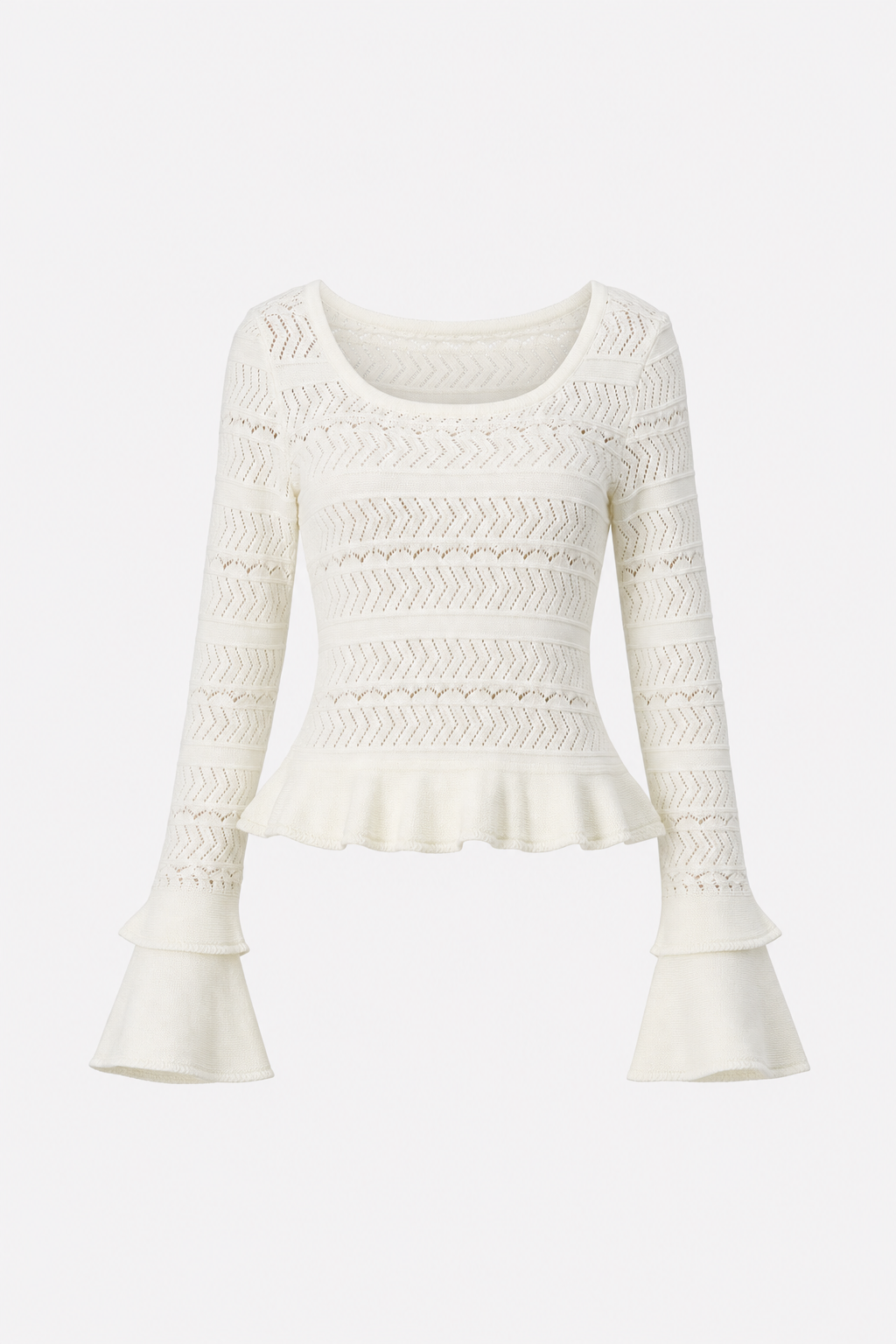 Beige Ribbed Knit Top with Ruffled Bell Sleeves