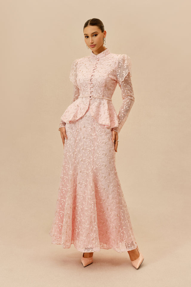 Pink Lace Two-Piece Set Ruffle Top & Mermaid Maxi Skirt - 2