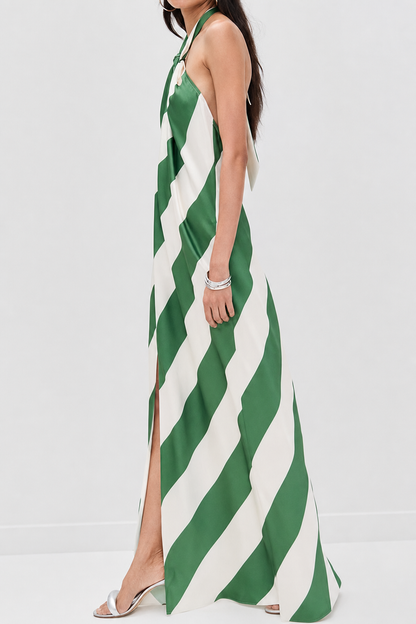 Green striped halter tie-up maxi dress with pockets - view 4