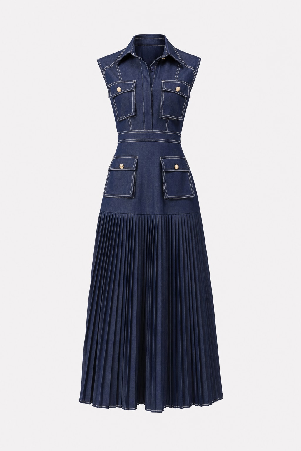 Denim Sleeveless Pleated Maxi Dress - 1