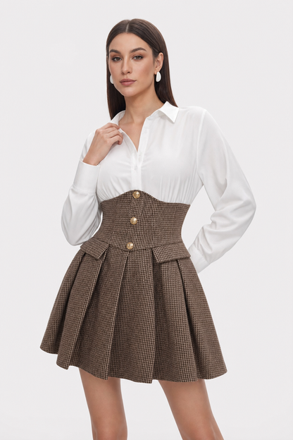 Brown Houndstooth Tweed Pleated Mini Dress - view 3