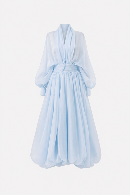 Organza Puff Sleeve Maxi Dress in Blue