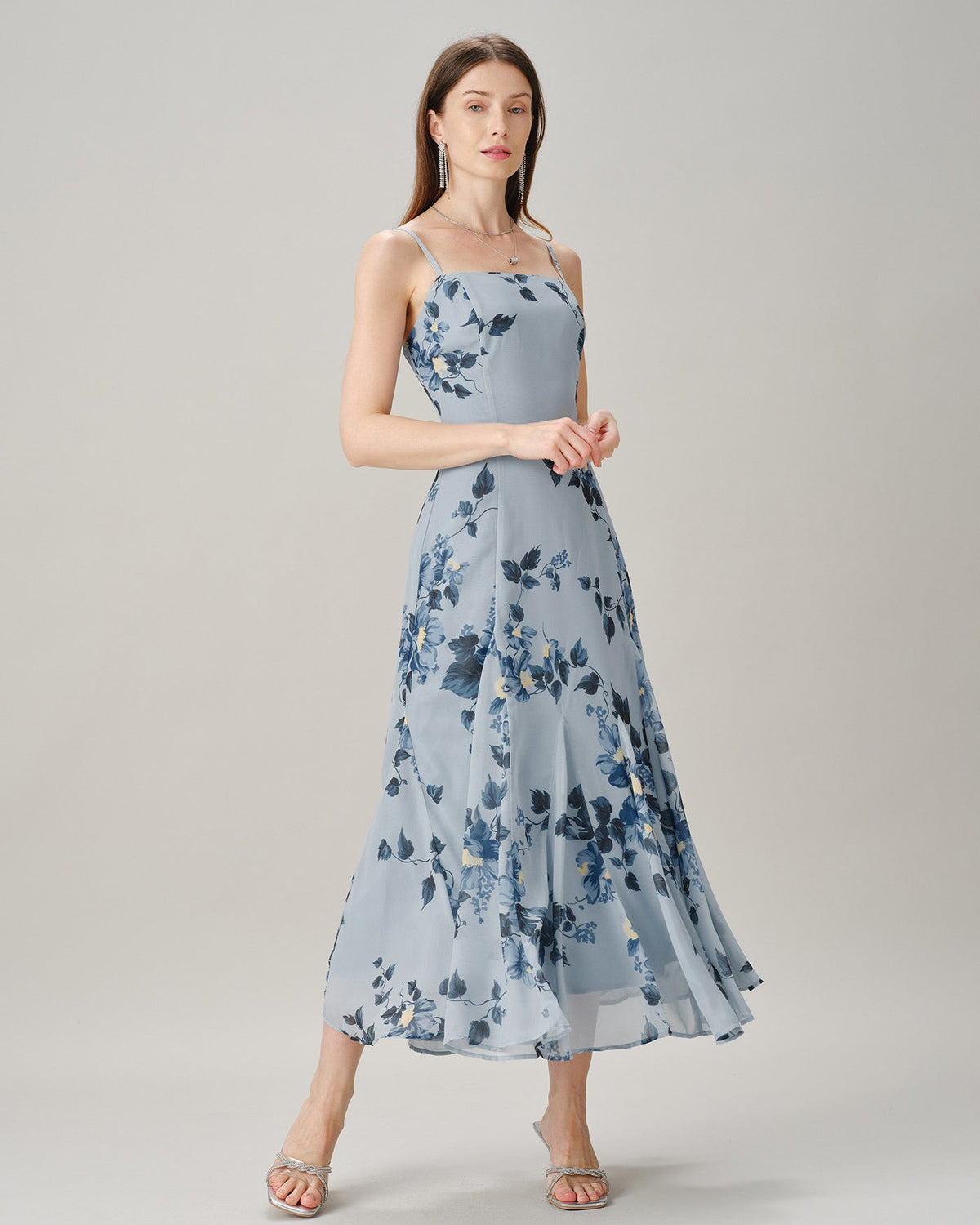 Blue Floral Chiffon A-Line Maxi Dress - view 3