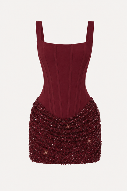 Wine red sequin mesh mini dress with lace-up back