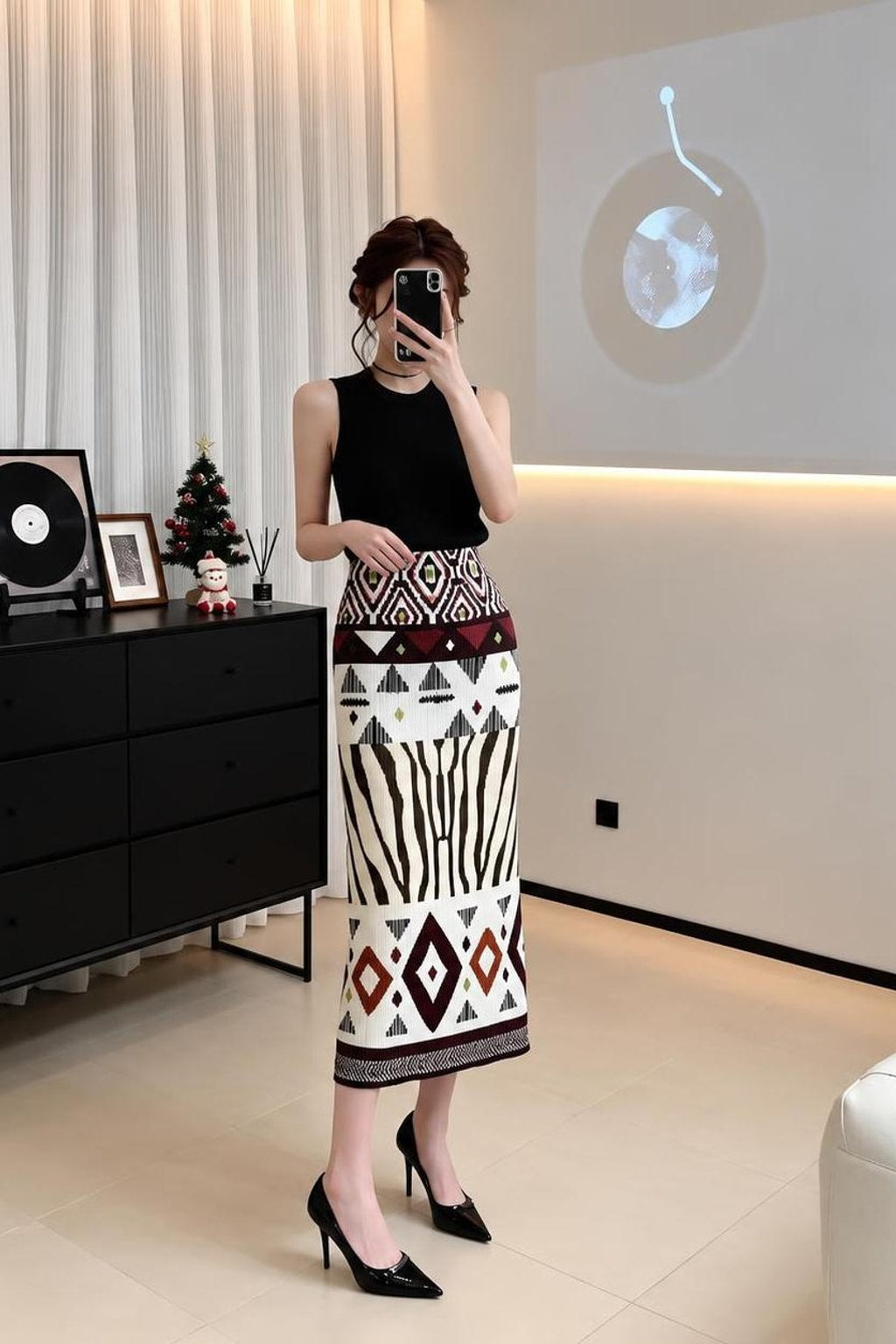 Polyester Pleated Skirt With Geometric Print - 4