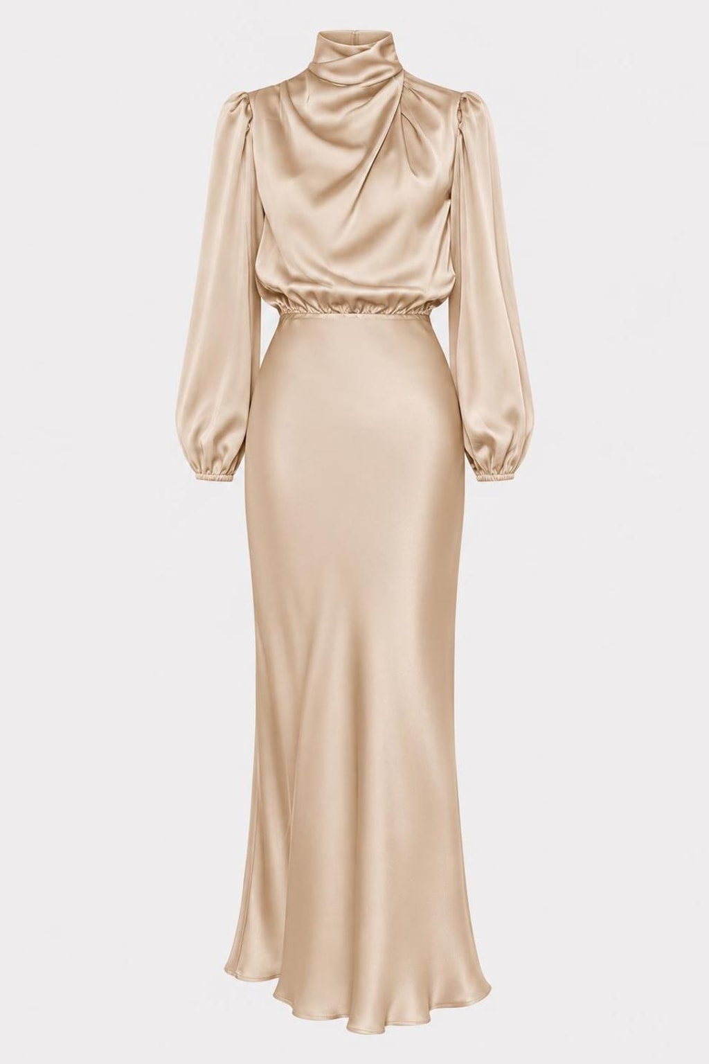 Champagne satin midi dress with a high draped funnel neck, long blouson sleeves gathered at the cuff and a bias-cut skirt