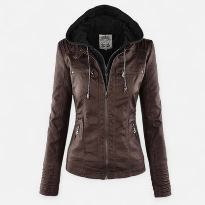 Faux Leather Hooded Moto Jacket, Zip Cuffs - view 5