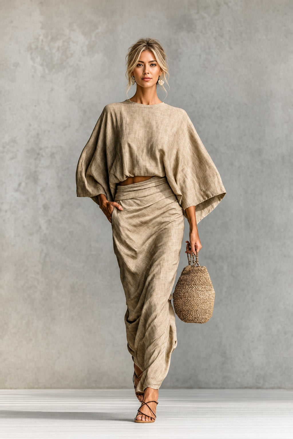 Linen-Blend Batwing Sleeve Top and Maxi Skirt Set - 6