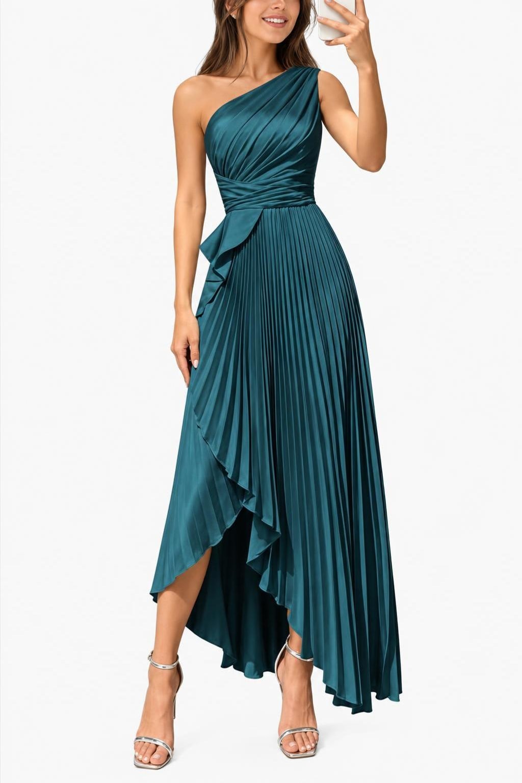 Satin Maxi Dress With One-Shoulder Neckline - 14