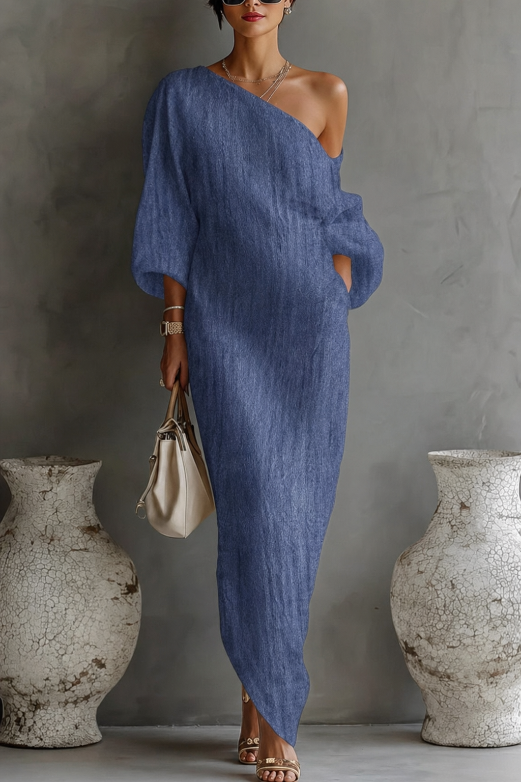 One-Shoulder Linen Blend Maxi Dress - view 3